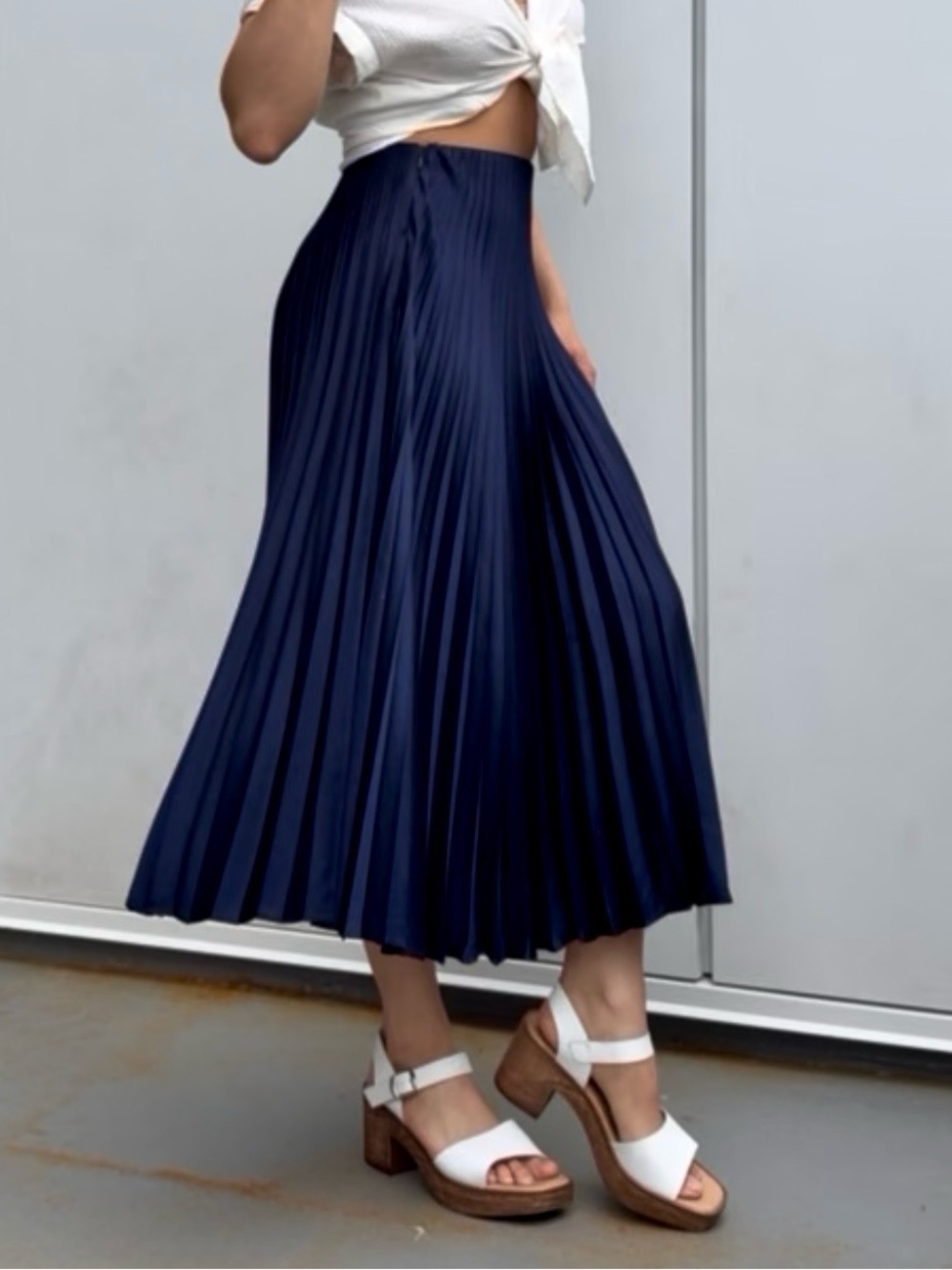 Pleated Satin Midi Skirt - Navy - Picture 4 of 5